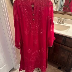 Elegant Red Embroidered Tunic - Kurta Trouser - NWT